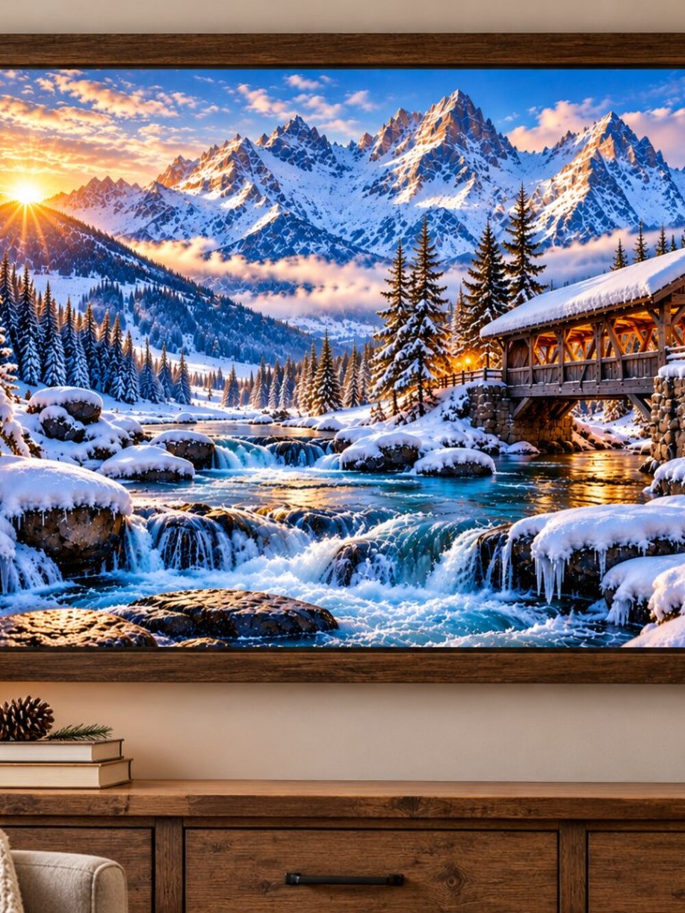 Winter Mountain Wall Art, Covered Bridge Snow Print - Picture 2 of 10